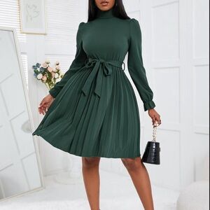 🔵 Dark Green Turtleneck Flounce Sleeve Pleated Hem Belted Dress Size 6